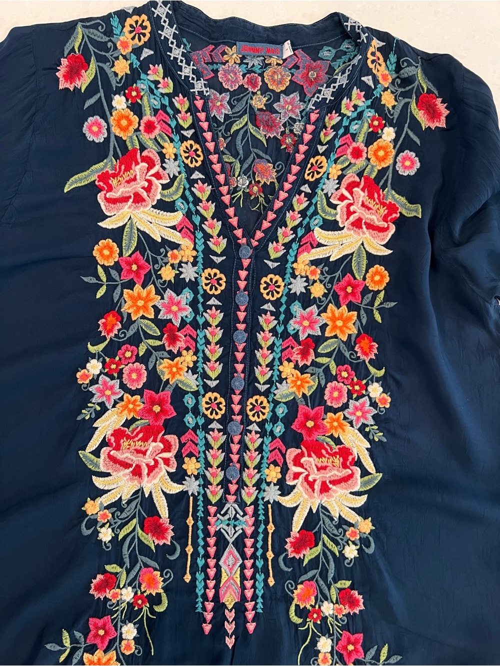 Johnny Was Embroidered Navy Floral Tunic Top - Picture 7 of 11